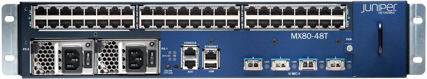 Juniper MX80-48T supports 48x1000BASE-T and 4x10GE ports