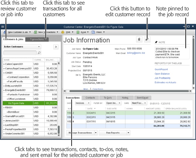 To open or edit a customer’s or job’s record, in the Customers & Jobs tab, select the customer or job so it appears in the Customer Information (or Job Information) section, as shown here. To edit it, click the Edit button labeled here. To see more info about the selected customer or job, click the Transactions, Contacts, To Do’s, Notes, or Sent Email tabs at the bottom right of the window.To see transactions for all customers, click the Transactions tab on the left side of the window.