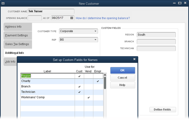 The “Set up Custom Fields for Names” dialog box (which opens when you click Define Fields in a New or Edit window for customers, vendors, or employees) lets you create up to 15 custom fields. To associate a custom field with a customer, vendor, or employee, click the corresponding cell in the field’s row in the table. You can associate a custom field with one or more types of names; for example, with both customers and employees.
