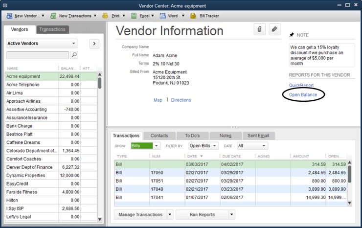 The Vendor Center puts all vendor-related tasks in a single window. When you choose a vendor in the list on the left, the Vendor Information pane on the right displays info about that vendor. Click the Open Balance link (circled) to see the transactions that contribute to your balance with that vendor. You can even click the Map or Directions links to find out how to get to your vendor.