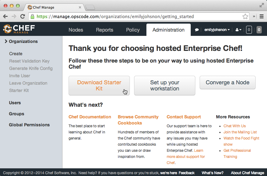 Hosted Enterprise Chef post-signup page
