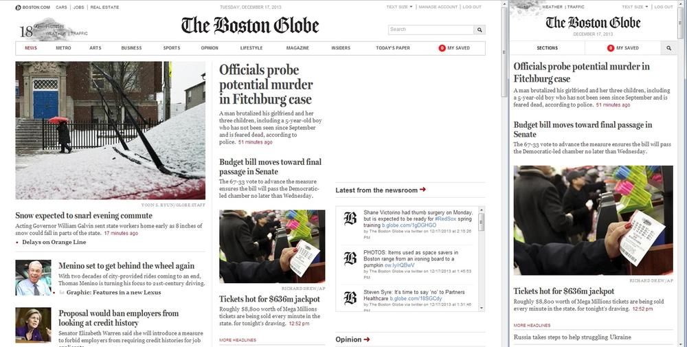 BostonGlobe.com in desktop and small-screen views