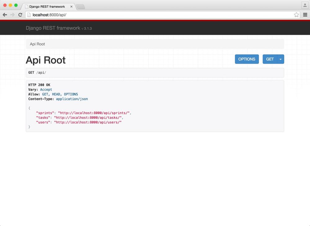 django-rest-framework screenshot for /api/ url