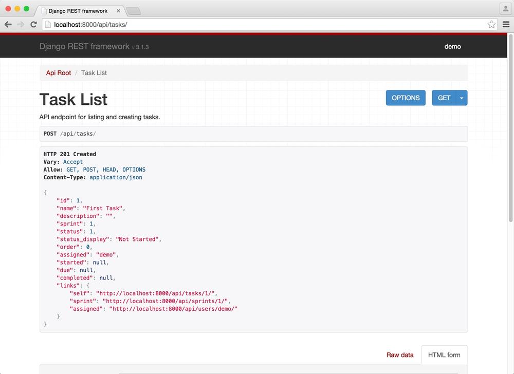 django-rest-framework screenshot for /api/tasks/ url