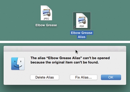 Top: You can identify an alias by the tiny arrow badge on the lower-left corner.Bottom: If the alias can’t find the original file, you’re offered the chance to hook it up to a different file by clicking Fix Alias.