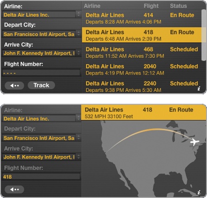 Top: Most of the time, Flight Tracker is like a teeny, tiny travel agent, capable of showing you which flights connect to which cities. But if one of the flights is marked “Enroute,” then double-click it.Bottom: You see an actual map of its progress, as shown here. You also get to see its speed and estimated arrival status (early, late, or on time), and even which terminal it will use upon landing. If you click the plane, you can zoom in on it.