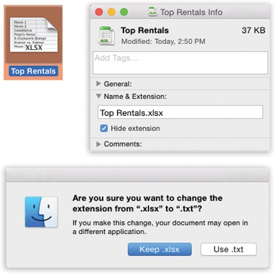 Top: In the Info window, open the Name & Extension pane. Now you can see what OS X really thinks your file is called. Turn “Hide extension” on if you’d rather not see the file name suffix in the Finder.Bottom: If you try to add a suffix of your own, OS X objects, in effect saying, “Hey—I’ve already got a file name extension for this, even if you can’t see it. Are you sure you know what you’re doing?” (And you can turn off this warning, if you like. Choose Finder→Preferences→Advanced pane. Turn off “Show warning before changing an extension.”)
