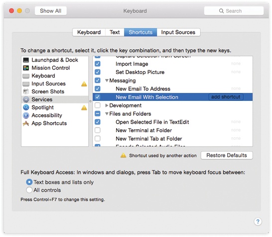 The keyboard-shortcut center lets you redefine the keystrokes that trigger many basic OS X features, menu commands in your programs, and software you’ve built yourself using Automator.