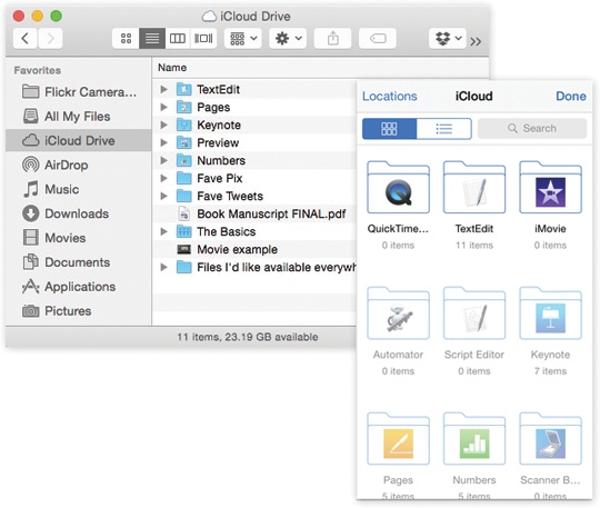 Left: The iCloud Drive icon appears in the Sidebar of every Finder window and Save/Open dialog box.Right: It also appears on every iPhone, iPad, or iPod Touch you have. (Assuming they’re running iOS 8 or later, and are signed into the same iCloud account.)