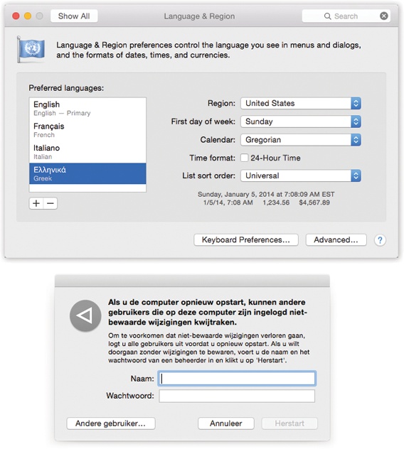Top: You can flip your copy of OS X into any of about 165 languages. Click the button to see them all—and add them to the list of Preferred Languages. You’re asked, when you add a language, if you want it to be the Mac’s primary language.Bottom: Here’s what your Mac looks like running in Dutch. Actually understanding Dutch would be useful at a time like this—but even if you don’t, it can’t help but brighten up your workday to choose commands like Spraakfunctie or Knip.
