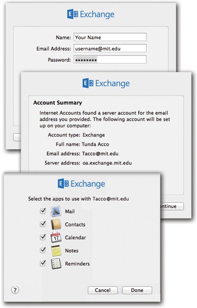 Top: In System Preferences, fill in your Exchange information—your email address and password—as provided by your cheerful network administrator.Middle: If you entered your information correctly and your Exchange server recognized you, then this box appears, summarizing the Mac’s understanding of your Exchange account. You’re all set.If your Mac doesn’t find the server, then either (a) your company doesn’t use Exchange 2007 or later, or (b) your network geek hasn’t turned on Exchange Autodiscover. In that case, you have no choice but to call that person over to your desk and either (a) harangue him for not turning on Autodiscover, or (b) have him fill in the server address and other boxes by hand.Bottom: Which elements of your Exchange account do you want your Mac to display? If you choose Mail, for example, then your Mail app will display your Exchange email account. Contacts, Calendars, Notes, and Reminders will all show Exchange’s information as specially identified accounts, which you can hide or show with one click.