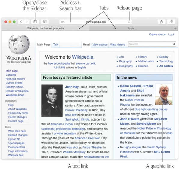 The Safari window offers tools and features that let you navigate the Web almost effortlessly. These toolbars and buttons are described in this chapter.Note to laptop luggers: Safari’s mass of window-top strips and bars are condensed in Yosemite, leaving more vertical screen space for your actual Web-viewing pleasure.