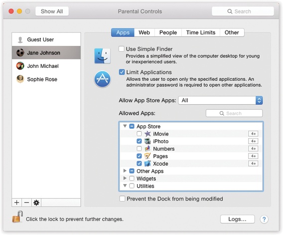 In the Parental Controls window, you can control the capabilities of any account holder on your Mac. If you turn on Limit Applications, then the lower half of the Apps tab window lets you choose applications (those from the Mac App Store and others), and even Dashboard widgets, by turning on the boxes next to their names. (Expand the flippy triangles if necessary.) Those are the only programs the account holder will be allowed to use. The search box helps you find certain programs without knowing their categories.