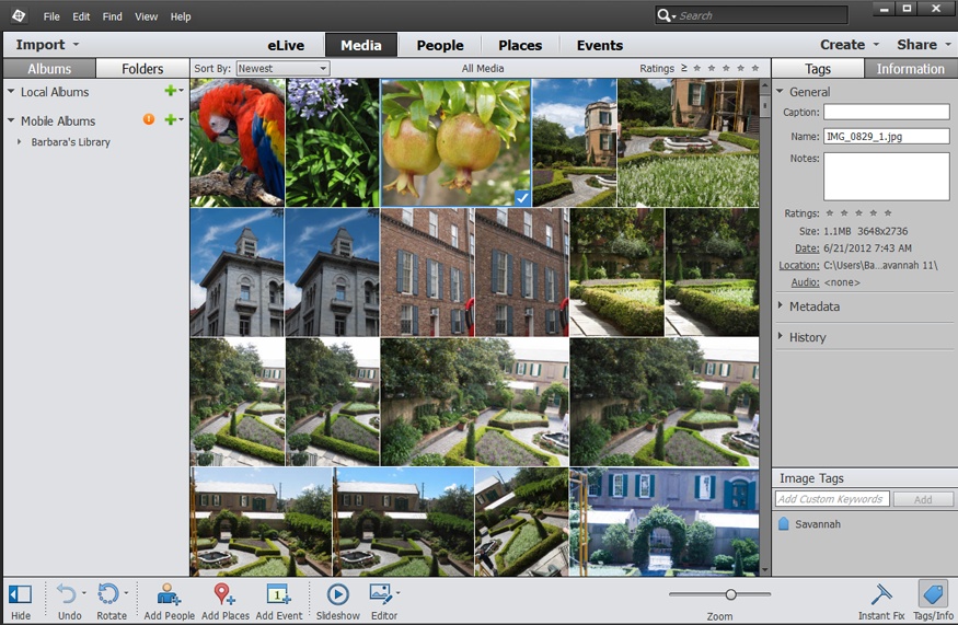 The Organizer lets you arrange and sort photos by the people, places, and events they represent, as well as assign keyword tags and categories.This is Media view, which is where your photos go when you first import them to the Organizer. (Adobe calls the different areas of the Organizer “views.”) This image shows Media view’s new Adaptive Grid mode. Page 44 explains the Organizer’s viewing options.