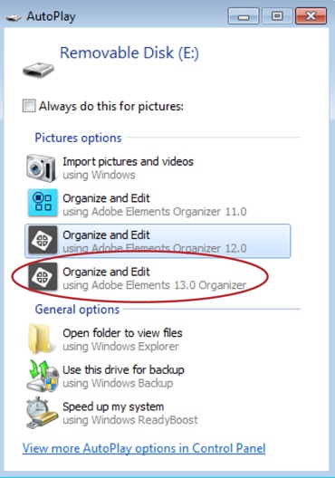 Adobe’s Photo Downloader is yet another program you get when you install Elements. Its job is to pull photos from your camera (or other storage device) into the Organizer.To use the Downloader in Windows, just click “Organize and Edit using Adobe Elements Organizer 13.0” (circled) when this AutoPlay dialog box appears.On a Mac, you launch the Downloader from the Organizer by going to File→“Get Photos and Videos”→“From Camera or Card Reader.”After the Downloader does its thing, you end up in the Organizer.