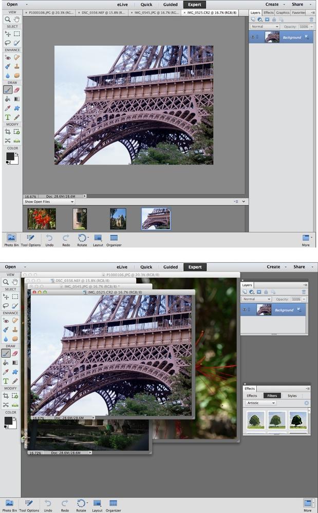 Two different ways of working with the same images, panels, and tools. You can use any arrangement that suits you. (These figures show the Mac version of Elements, in which the main menu bar is up at the top of the screen, out of the picture here. In Windows, it sticks to the top of the workspace.)Top: The panels in the standard Custom Workspace arrangement, with the images in tabs.Bottom: This figure shows how you can customize your panels. The images here are in floating windows, and the Tool Options/Photo Bin is hidden. There’s no Panel Bin, either, since all the panels are floating.