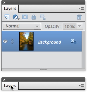 You can free up lots of space by collapsing panels accordion-style once they’re out of the bin.Top: A full-sized panel.Bottom: A panel collapsed by double-clicking its tab (where the cursor is here). Be sure to double-click the name of the panel, not in the blank area to the right of the tab.