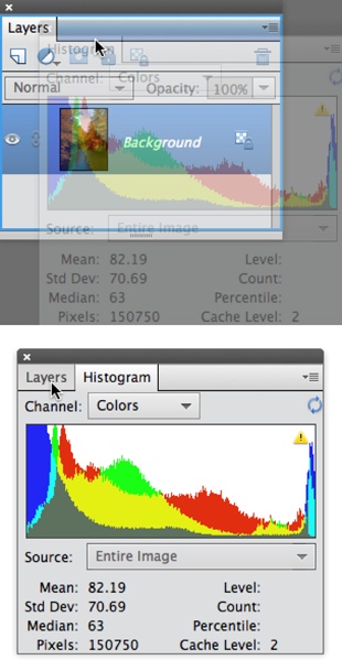 You can combine two or more panels once you’ve dragged them out of the Panel Bin.Top: Here, the Histogram panel is being combined with the Layers panel. To perform this technique, drag both panels out of the Panel Bin, and then drag one of them (by clicking the tab at the top of the panel) onto the other. When the panel you’re dragging becomes ghosted and you see the blue outline shown here, let go of your mouse button to combine them.Bottom: To switch from one panel to another after they’re grouped, just click the tab of the one you want to use. Here you see the mouse ready to click the Layers panel’s tab to switch over to it from the Histogram panel.To remove a panel from a group, simply drag its tab out of the group. To return everything to how it looked when you first entered the Custom Workspace, go to Window→Reset Panels.