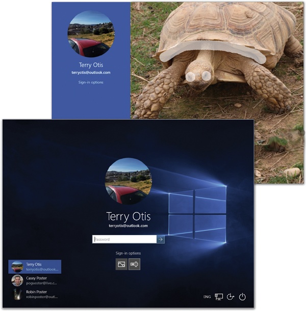 Lower left: If your machine has more than one account set up, tap or click your icon to sign in.Top right: Typing is so 2009! In Windows 10, you can log into your account using any of several more touchscreen-friendly methods, like drawing three predetermined lines on a photograph.