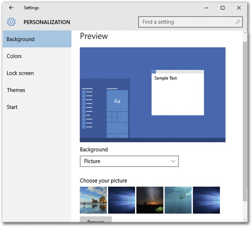 The Personalization tab of Settings offers a simplified diagram of your desktop. As you adjust the wallpaper and color scheme options, this miniature desktop changes to show how it will look.