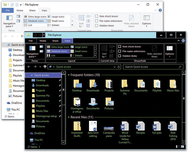 Most people’s Windows desktop windows look like the window shown in the upper left. But your computer may look different, especially if you’ve turned on one of the other styles—like a high-contrast theme (bottom).