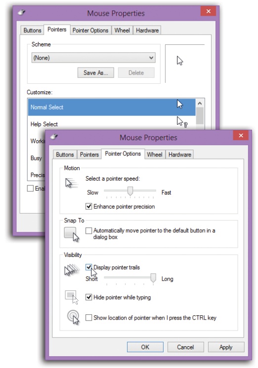Top: The Pointers dialog box, where you can choose a bigger cursor (or a differently shaped one).Bottom: The Pointer Options tab. Ever lose your mouse pointer while working on a laptop with a dim screen? Maybe pointer trails could help. Or have you ever worked on a desktop computer with a mouse pointer that seems to take forever to move across the desktop? Try increasing the pointer speed.