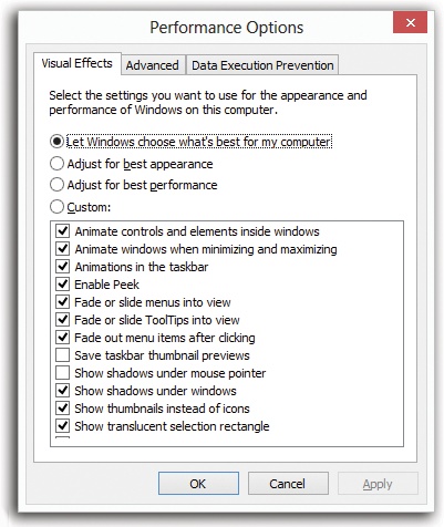 Select “Adjust for best performance” to turn everything off, leaving you with, more or less, Windows XP. Alternatively, turn off only the animations you can live without.
