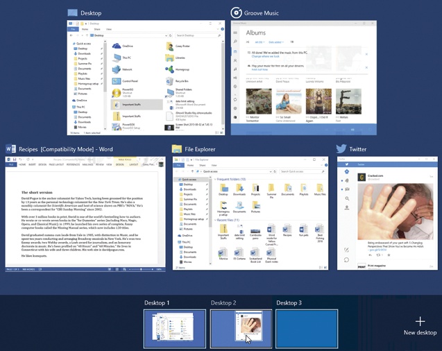 In Task View, click “New desktop” (far right) to create the thumbnails of new virtual screens; in this image, three desktops are shown. Then point to the desktop that contains the app window you want to move; that desktop’s windows appear above at half size. Drag directly to the desktop thumbnail you want.