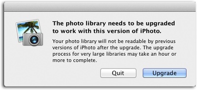 If you’re upgrading from an earlier version of iPhoto, this warning is the first thing you see when you launch the latest version of the program. Once you click Upgrade, there’s no going back—your photo library will no longer be usable in previous versions of iPhoto.