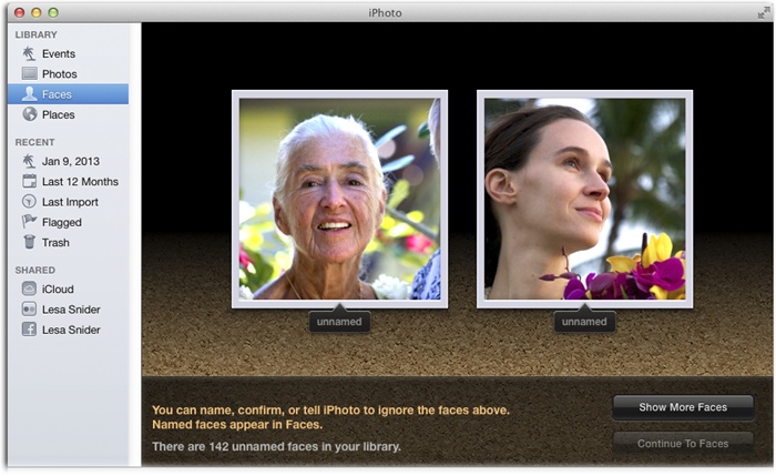 If you’ve never used Faces before, this is the first view you see when you click Faces in the Source list. Now that iPhoto has plowed through your photo library detecting faces, you can start telling it who those faces belong to…all 142 of ’em.
