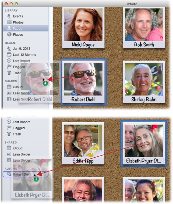 Top: Drag any Faces album onto a blank spot in your Source list, as shown here, to make a new smart album for that person.Bottom: Now here’s where things really start to get fun. Once you create one Faces-based smart album, you can drag yet another person from the corkboard onto the same smart album to create an album that gathers photos of both people (here, that’s Robert and Elsbeth). This kind of thing is incredibly handy for creating instant slideshows of people (your kids, your parents, and so on).