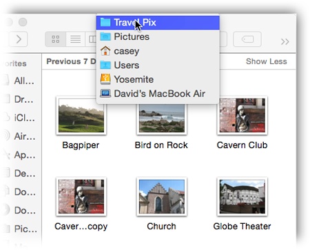 Right-click or two-finger click a Finder window’s title bar to summon the hidden folder hierarchy menu. This trick also works in most other OS X programs. For example, you can right-click a document window’s title to find out where the document is actually saved on your hard drive.