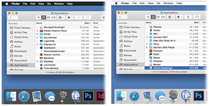 “Use dark menu bar and Dock” (left) offers a cool, soothing contrast to the standard color scheme (right).It’s intended to please the legions of Mac-based artists and designers; the menus and Dock become calmer and less distracting.