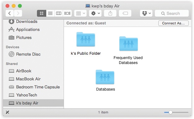 Macs appear in the Sidebar with whatever names they’ve been given in System Preferences→Sharing. Their tiny icons usually resemble the computers themselves. Other computers (like Windows ones) look like generic PCs.