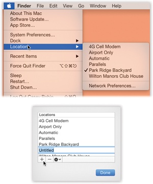 Top: The Location feature lets you switch from one “location” to another by choosing its name—either from the menu (top) or from an identical pop-up menu that appears in the Network pane of System Preferences.Automatic means “the standard, default one you originally set up.” (Don’t be fooled: Despite its name, Automatic isn’t the only location that offers multihoming, described earlier in this chapter.)Bottom: When you choose Edit Locations, your Locations appear; click the button. A new entry appears at the bottom of the list. Type a name for your new location, such as Chicago Office or Dining Room Floor.