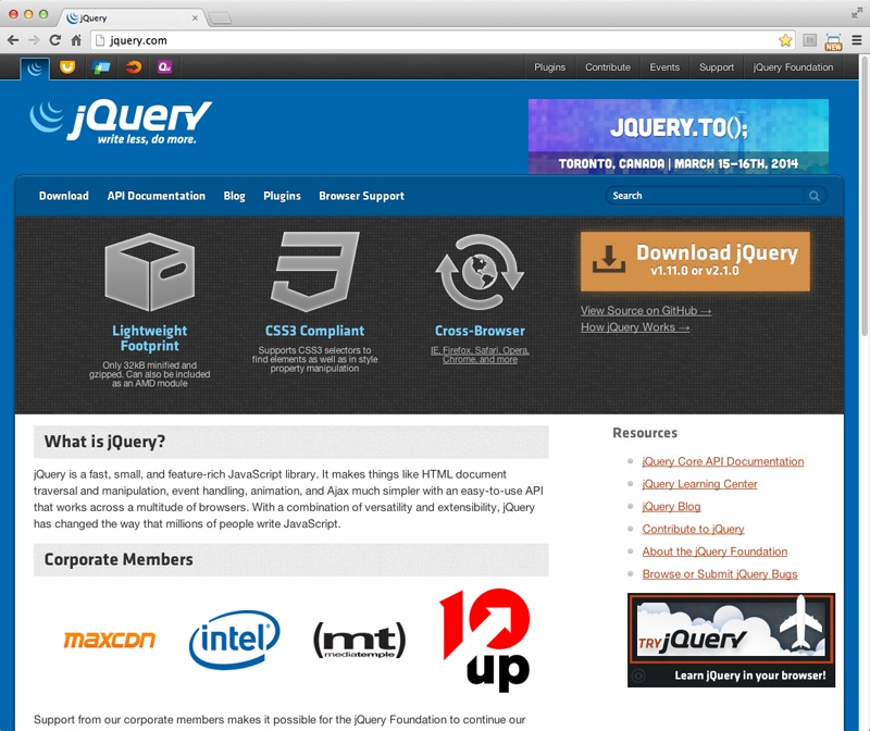 The jQuery.com home page is your jumping-off point for downloading jQuery and learning jQueryâs API (a kind of dictionary listing all the functions built into jQuery). The row of icons at the top left of the page take you to jQueryâs other projects: jQuery UI (which youâll see in Part Three), jQuery Mobile (for building websites to be viewed on mobile devices), Sizzle (a JavaScript library built into jQuery that makes it easier to select and change parts of a web page), and QUnit (for testing your JavaScript programs).