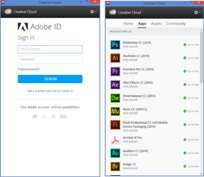 Left: To work in Dreamweaver and other Adobe Creative Cloud programs, you have to sign into your account. Fill in the blanks and then click Sign In to see the window on the right. If you don’t have an account, click “Get an Adobe ID.”Right: The Creative Cloud app keeps track of the programs you’ve installed and makes it easy to install and update new ones.