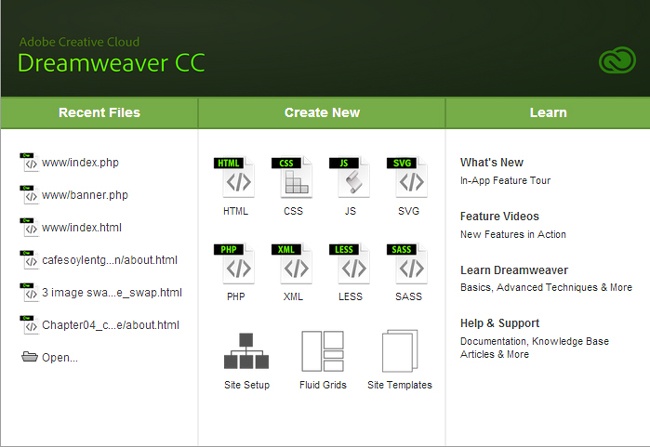 Dreamweaver’s Welcome screen lets you open existing Dreamweaver files, create new ones, and learn more about the program. It disappears as soon as you open a web page. If you don’t have any use for this window, go to Edit→Preferences→General (Dreamweaver→Preferences→General) and turn off Show Welcome Screen (second item from the top).