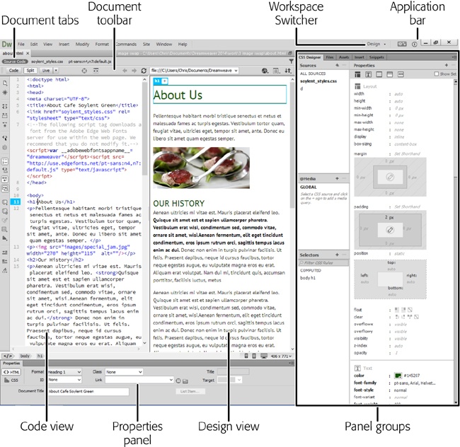 Dreamweaver lets you see your documents in several views. Split view, shown here, displays HTML code on the left and a visual preview of the current page on the right. If you prefer to see how your page looks as you add and delete elements, click the Design button in the Document toolbar; that hides the HTML view and brings the preview page full-screen. To switch among open documents, click one of the tabs immediately above the Document toolbar.