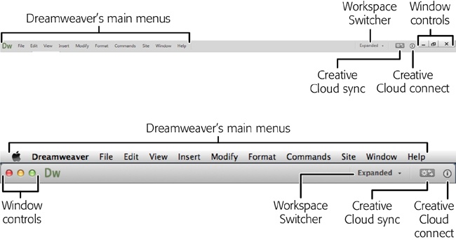 Dreamweaver’s Application bar looks slightly different on Windows PCs (top) and Macs (bottom).