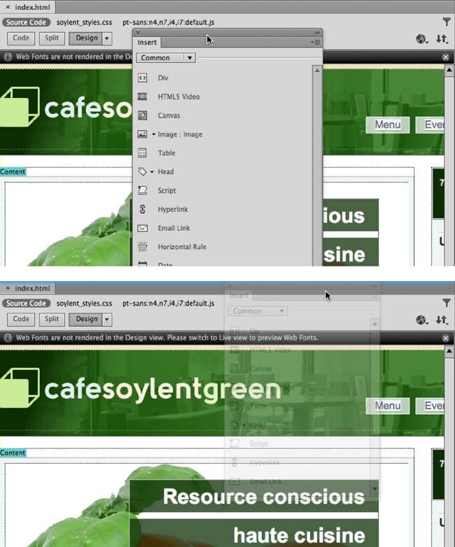 You don’t have to keep all of Dreamweaver’s panels on the right side of the screen—you can move individual panels to more comfortable positions. If a panel is docked, just drag the panel’s tab and it becomes a floating panel.Top: The Insert panel is being dragged toward the top of the document window. Dreamweaver provides two visual clues when a dragged panel approaches the edges of the document window where it can be docked (see below).Bottom: Here the Insert panel is close to the top edge of the document window, so Dreamweaver does two things: it ghosts out the panel, and it displays a thin blue line. Releasing the mouse button docks the panel in its new position.
