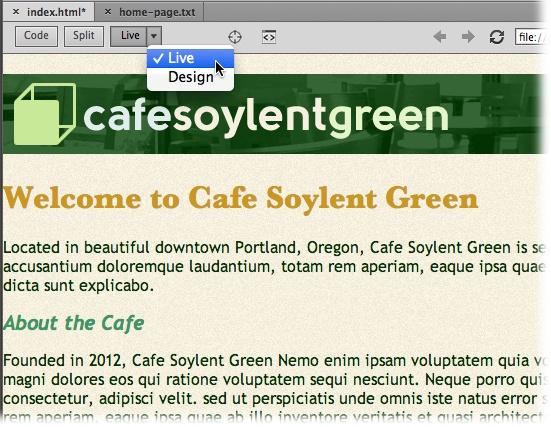 Dreamweaver’s Live view lets you preview a page in a real web browser, one built into Dreamweaver.
