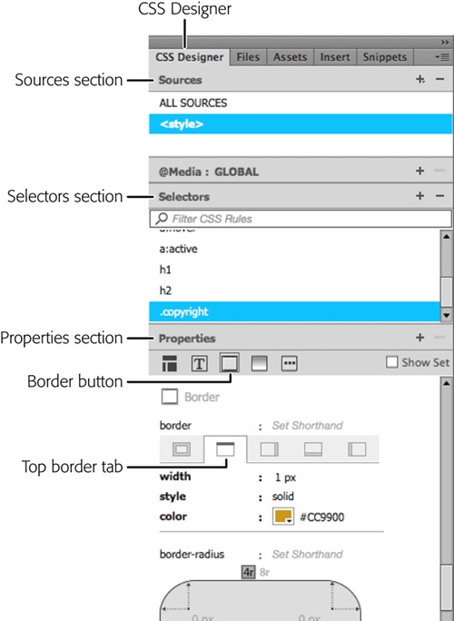 You’ll often work in the CSS Designer panel from the top down, selecting from the sections Sources, Selectors, and Properties. Here you’ve selected <style> in the Sources section, the .copyright class in the Selectors section, and the three top border attributes (width, style, and color) in the Properties section.