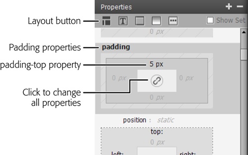Click the Layout button in CSS Designer’s Properties section to see padding and margin properties. Here the padding-top property is set to 5 px. If you want to set the padding for all four sides at once, then click the link icon in the center.