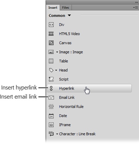 The Insert panel’s Common category offers one-button convenience for creating hyperlinks and email links (to link to an email address).