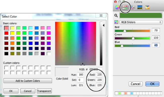Menu Light uses your operating system’s color picker, which looks different on Windows PCs and Macs, even though you enter the same red, green, and blue (RGB) values.Left: For Windows PCs, type the color values in the circled boxes.Right: For Macs, choose the color bars (circled), select RGB Sliders from the drop-down menu, and then set the color by either using the sliders or by typing color values in the Red, Green, and Blue boxes.