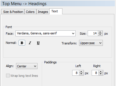 Use the Style Editor’s Text tab to style your menu buttons. You style the top menu and submenu text separately, but the Property panel and widgets for the menu and submenu are the same.
