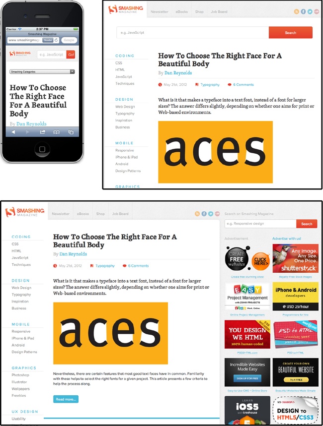 The web design site Smashing Magazine () uses responsive Web design to customize the site’s layout for phones (top left), tablets (top right), and desktop browsers (bottom). Each device receives the same HTML file, but CSS media queries apply different styles to the pages, creating a layout appropriate for each device.
