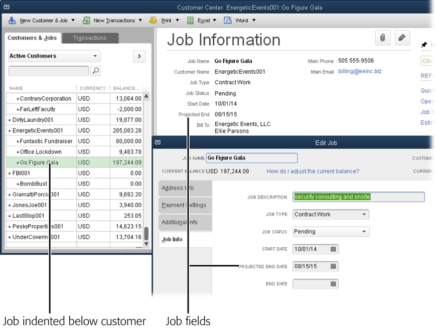 When you select a job in the Customer Center (jobs are indented below their customers), the Job Information section of the window displays Job Status, Start Date, Projected End, and End Date (if you’ve added values to those fields).To edit info you’ve entered for a job, double-click the job’s name in the Customers & Jobs tab to open the Edit Job dialog box.