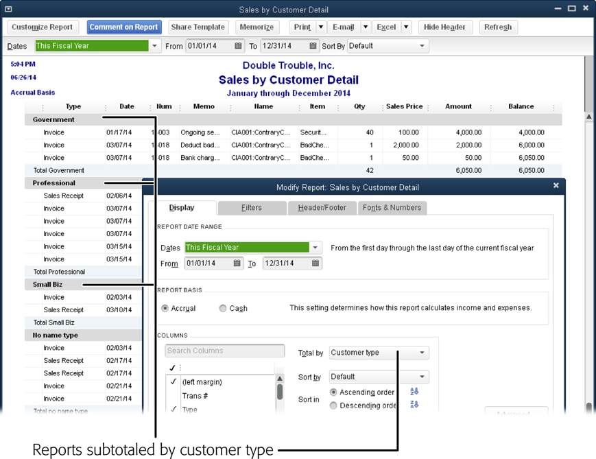 The Sales by Customer Detail report initially totals income by customer. To subtotal income by customer type (in this example, government, professional, small biz, and so on), click Customize Report in the report window’s button bar. On the Display tab of the dialog box that appears, choose “Customer type” in the “Total by” drop-down list (circled), and then click OK.